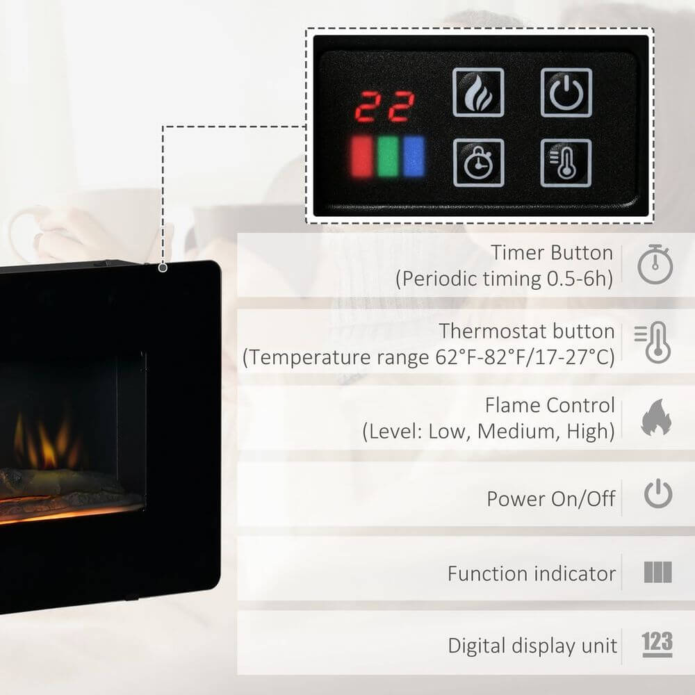 HOMCOM Wall-Mount Electric Fireplace with Remote, Stay warm with the HOMCOM Electric Fireplace Heater featuring remote control for easy flame and heat settings. Perfect for cozy homes.