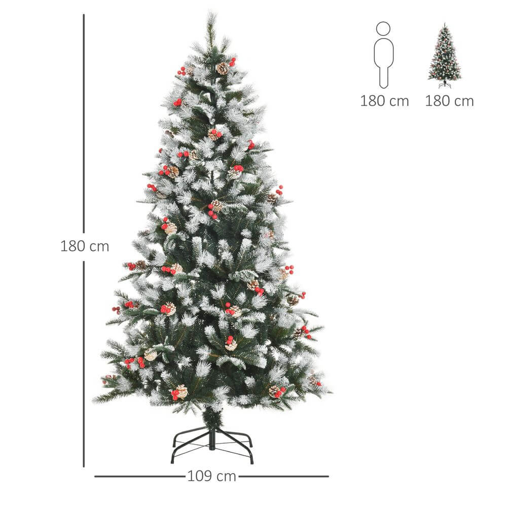 6FT Snow-Dipped Christmas Tree with Berries, Transform your home into a winter wonderland with the 6FT Snow-Dipped Christmas Tree, featuring vibrant berries and pinecones for a magical holiday.