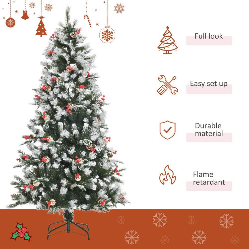 6FT Snow-Dipped Christmas Tree with Berries, Transform your home into a winter wonderland with the 6FT Snow-Dipped Christmas Tree, featuring vibrant berries and pinecones for a magical holiday.