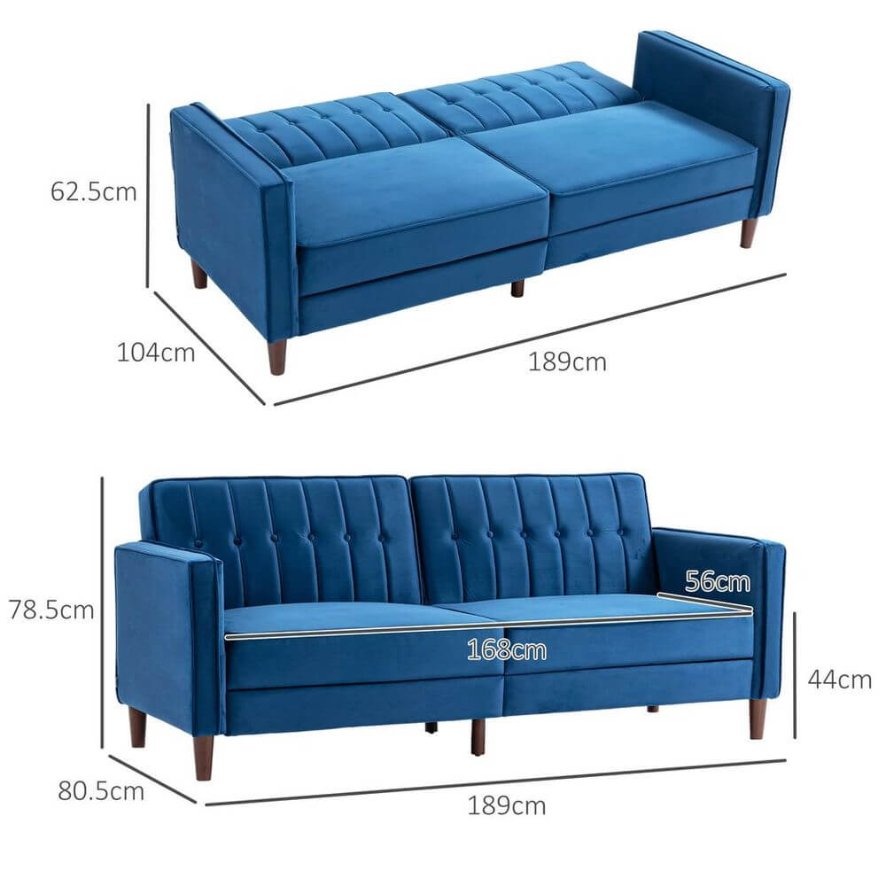 Luxe Blue Velvet Convertible Sofa Bed, Elevate your space with a plush velvet-touch convertible sofa. Enjoy lounging and sleeping with sophisticated style and comfort.