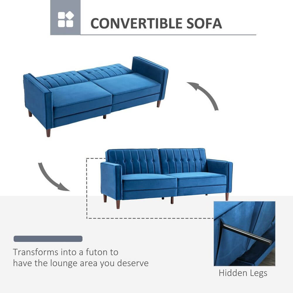 Luxe Blue Velvet Convertible Sofa Bed, Elevate your space with a plush velvet-touch convertible sofa. Enjoy lounging and sleeping with sophisticated style and comfort.