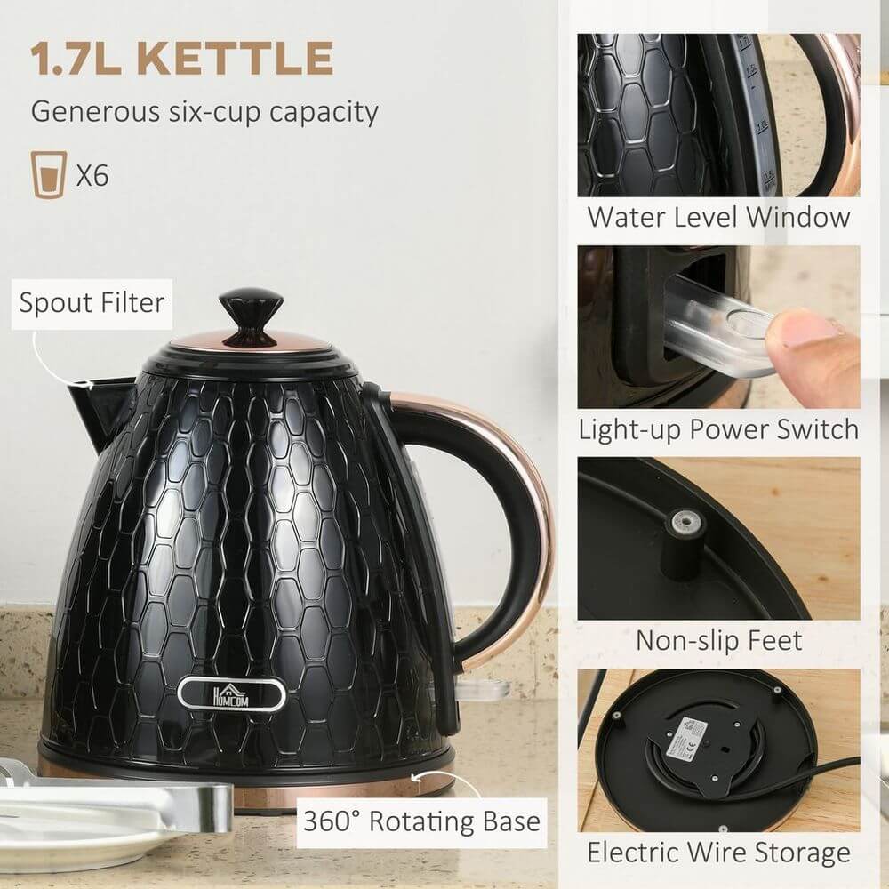 Stylish Black Kettle & Toaster Set, Upgrade your kitchen with our 1.7L rapid boil kettle & 2-slice toaster set, featuring a chic honeycomb design. Perfect for hosting!