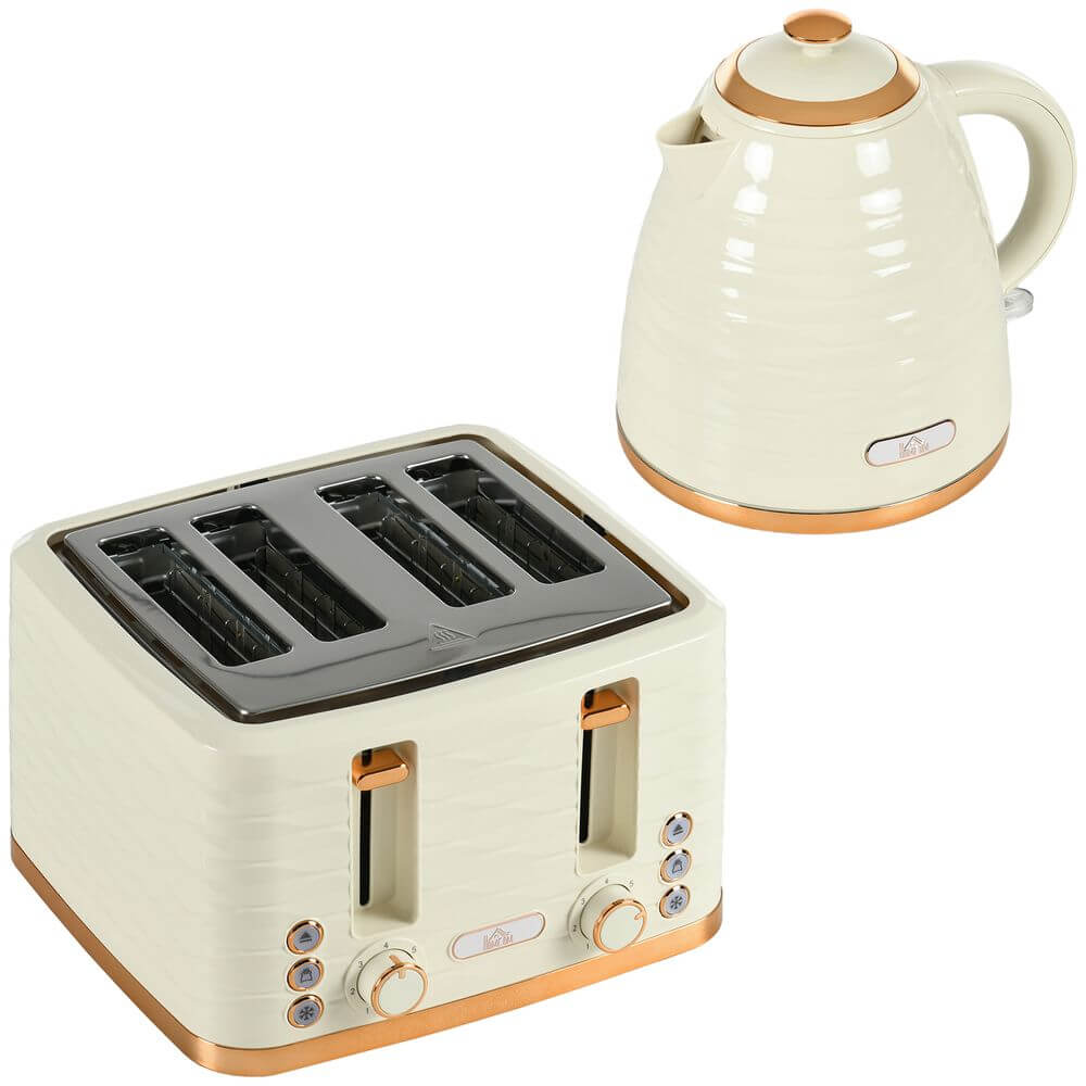 Chic Beige Kettle & Toaster Set - Rapid Boil & 4 Slice, Elevate your kitchen with this chic kettle and toaster set, featuring a 1.7L rapid boil kettle, 4-slice toaster, and stylish chrome accents.