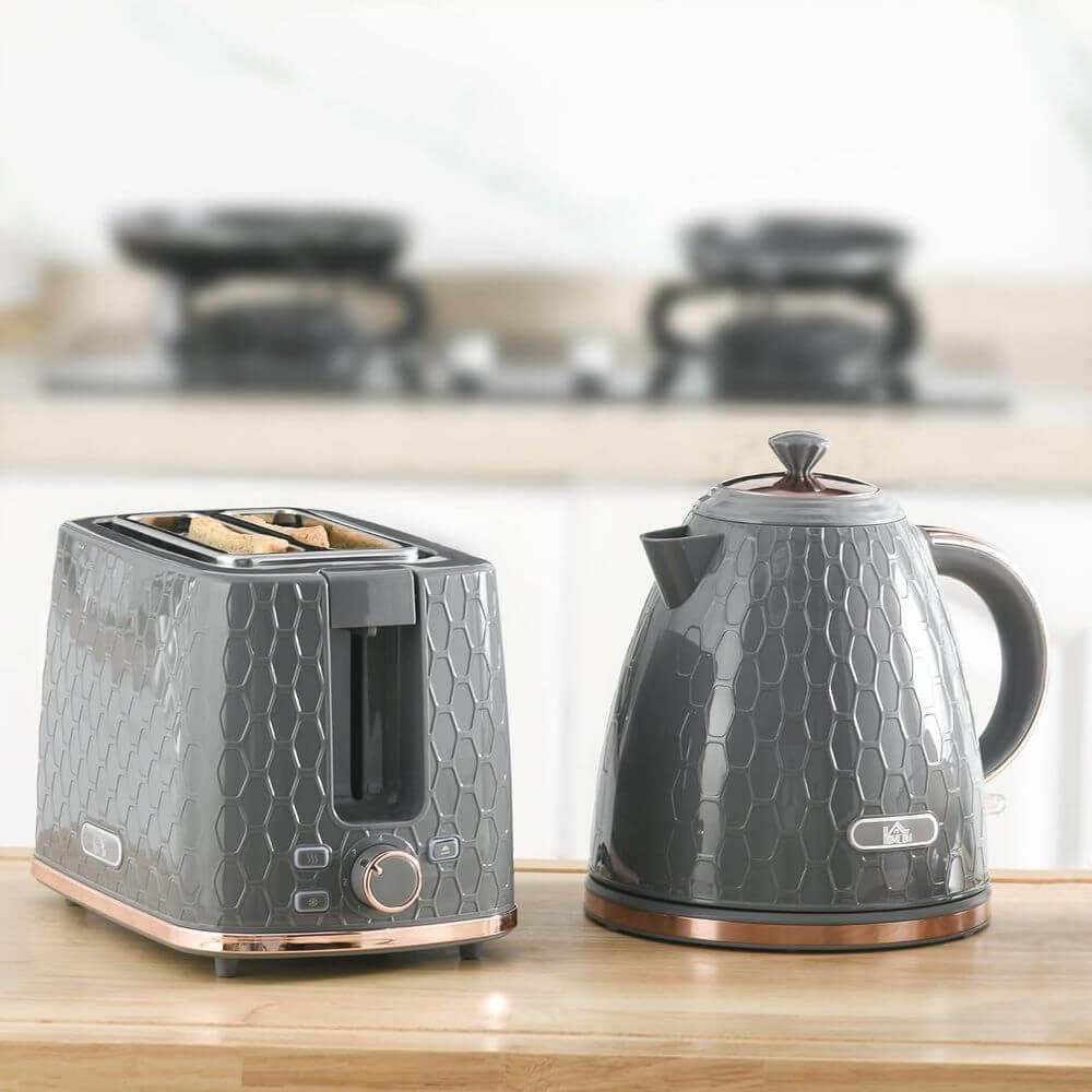 Stylish Kettle & Toaster Set - Fast Boil & Toast, Upgrade your kitchen with a chic kettle and toaster set featuring rapid boil and adjustable toast settings in a stylish honeycomb design.