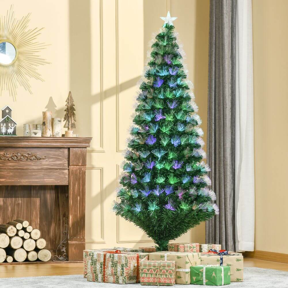 6FT LED Christmas Tree with Star Topper & Lights, Illuminate your home with the 6FT Multicoloured LED Christmas Tree featuring 230 fibre optic lights and a star topper. Perfect for a vibrant, festive display.