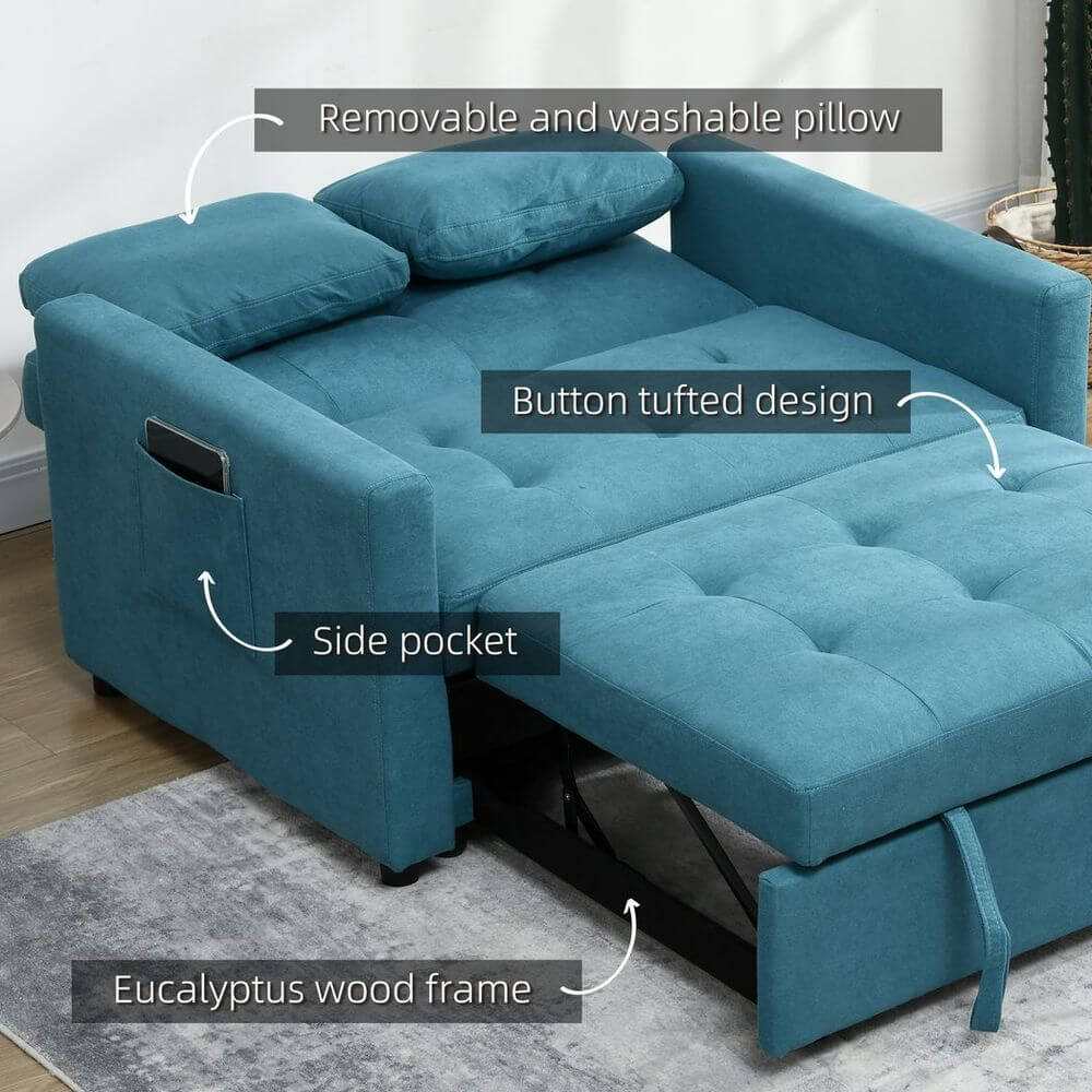 Versatile 2-Seater Sofa Bed - Blue, Discover the perfect space-saving solution with this 2-Seater Sofa Bed. Stylish by day, it converts to a comfy bed at night. Includes cushions and pockets.