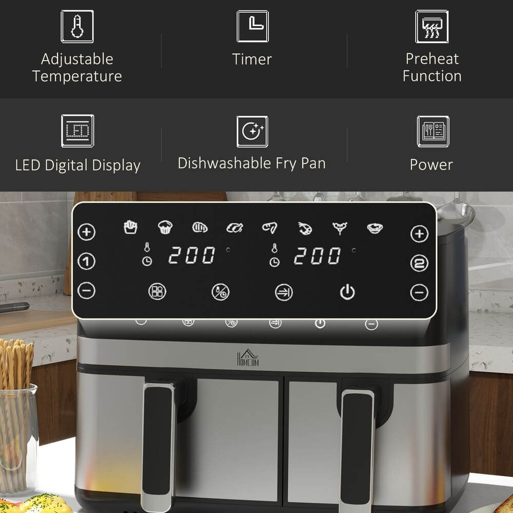 8.5L Double Air Fryer - Cook Two Meals Quickly, Cook two meals simultaneously with the HOMCOM Dual Zone 8.5L Air Fryer. Enjoy quick, delicious results with adjustable temperature control.