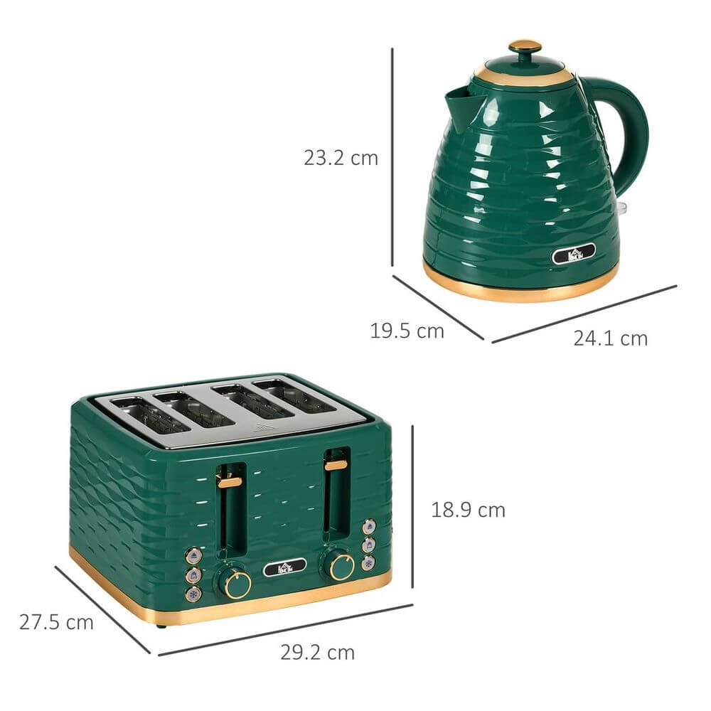 Stylish 1.7L Kettle & Toaster Set - Chic Upgrade, Transform your kitchen with this green kettle and toaster set, featuring a 1.7L rapid boil kettle and 4-slice toaster for ultimate style and convenience.