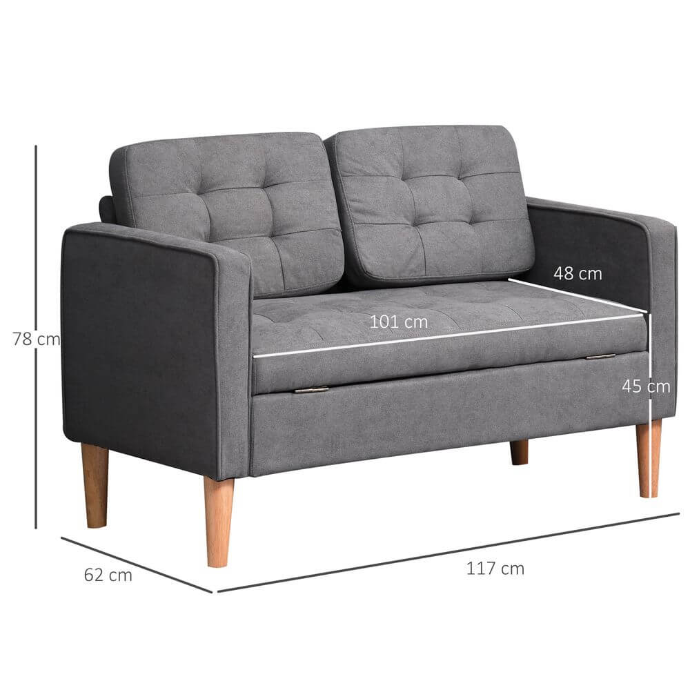 Stylish 2-Seater Sofa with Storage - Grey, Perfect compact sofa for small spaces. This 2-seater offers storage, comfort, and style with its grey finish and wood legs. Ideal for homes and offices.