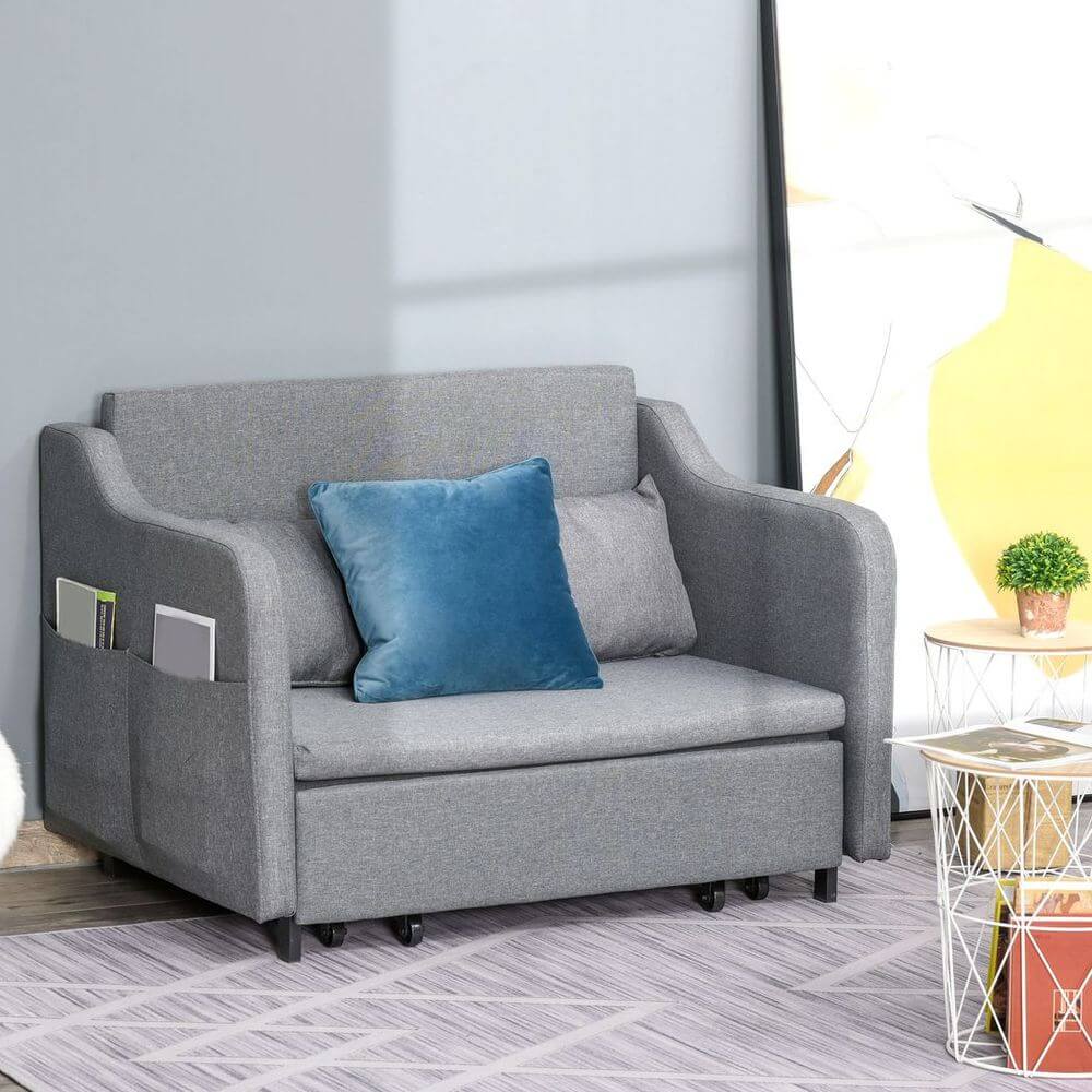 Grey Pull-Out Sofa Bed with Style & Comfort, Discover the HOMCOM Grey Pull-Out Sofa Bed, ideal for any living room. Experience style, durability, and ultimate comfort with our 2-seater fabric design.