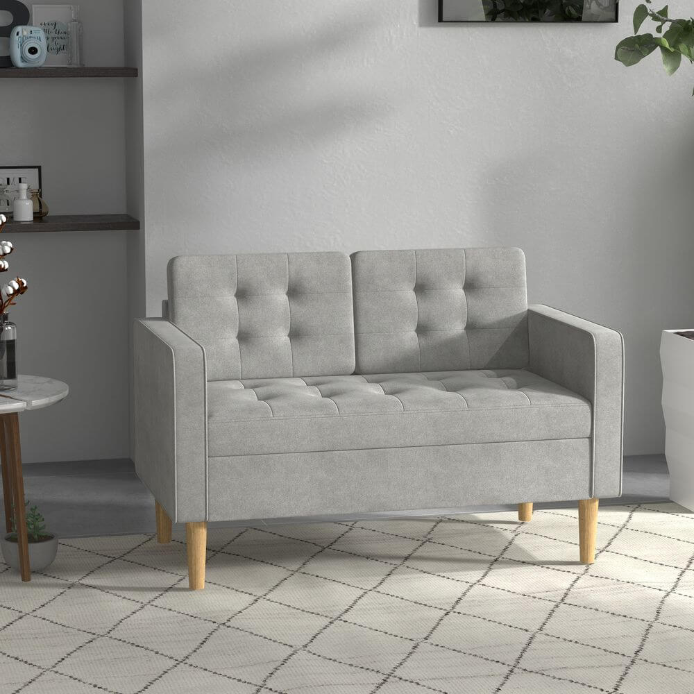 Compact Grey Loveseat with Storage, Stylish grey loveseat with storage, ideal for small spaces. Enhance your living room décor while maximizing organization with this modern 2-seater.