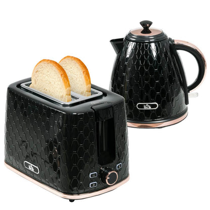 Stylish Black Kettle & Toaster Set, Upgrade your kitchen with our 1.7L rapid boil kettle & 2-slice toaster set, featuring a chic honeycomb design. Perfect for hosting!