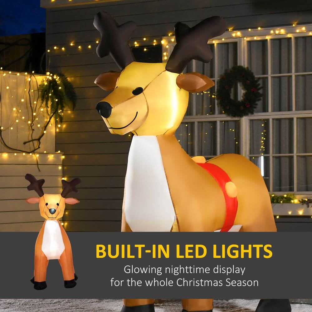 6ft Inflatable Christmas Reindeer with LED Lights, Add holiday cheer with our 6ft LED Reindeer! Perfect indoors or outdoors, crafted from durable, water-resistant polyester for festive fun.