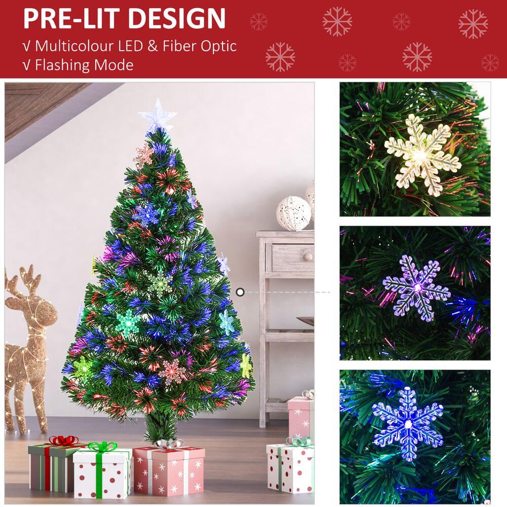 4FT Green Fibre Optic Christmas Tree with LED, Transform your home with a 4FT green fibre optic Christmas tree, featuring LED snowflakes and fireproofing for a magical, safe holiday.