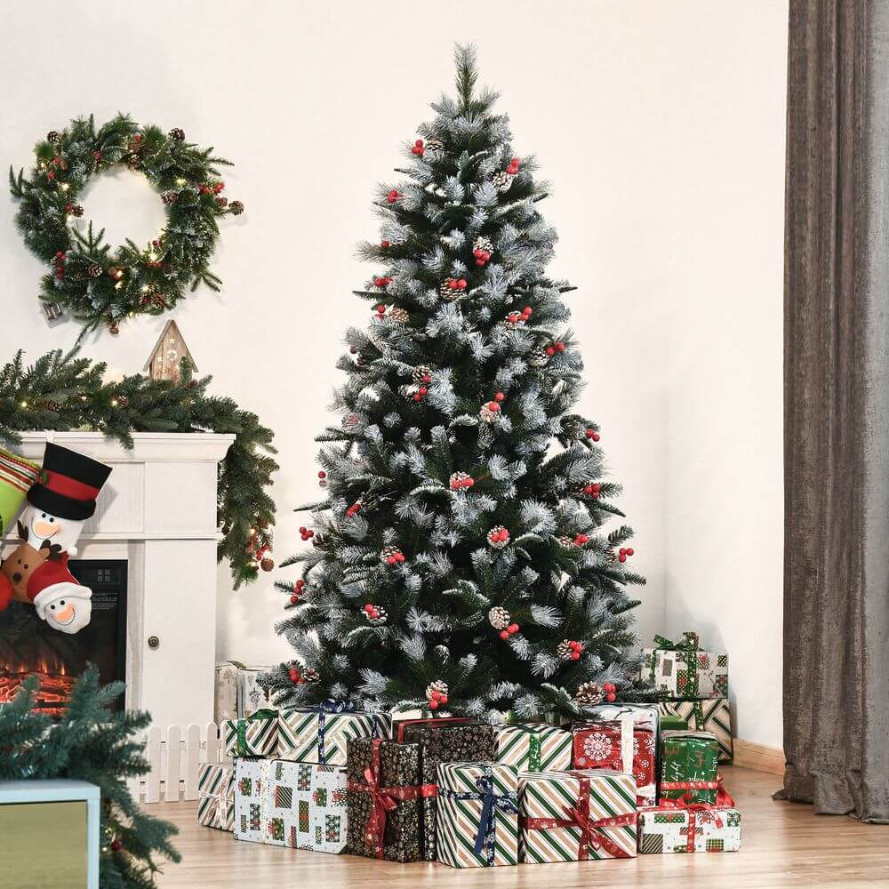 6FT Snow-Dipped Christmas Tree with Berries, Transform your home into a winter wonderland with the 6FT Snow-Dipped Christmas Tree, featuring vibrant berries and pinecones for a magical holiday.