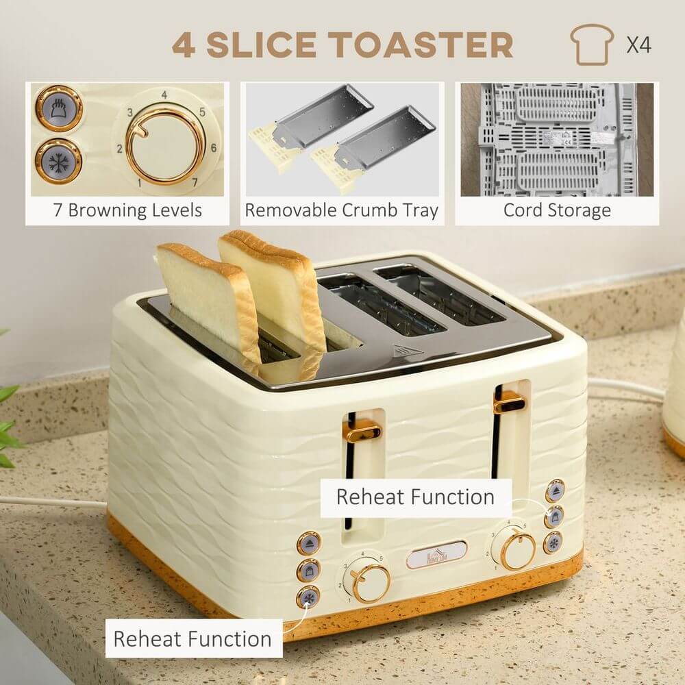 Chic Beige Kettle & Toaster Set - Rapid Boil & 4 Slice, Elevate your kitchen with this chic kettle and toaster set, featuring a 1.7L rapid boil kettle, 4-slice toaster, and stylish chrome accents.