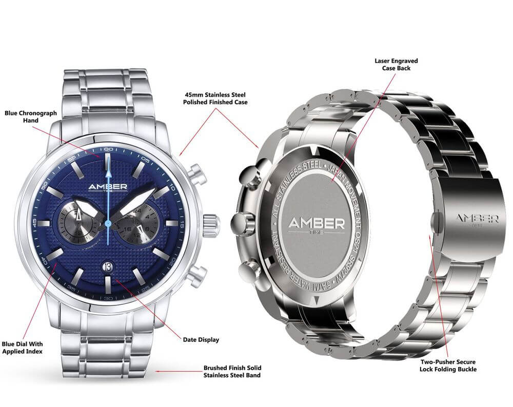 Amber Time Men's 50m Chronograph Watch, Discover style and function with the Amber Time Men's Quartz Chronograph Watch. Features a stainless steel band, blue dial, and 50m water resistance.