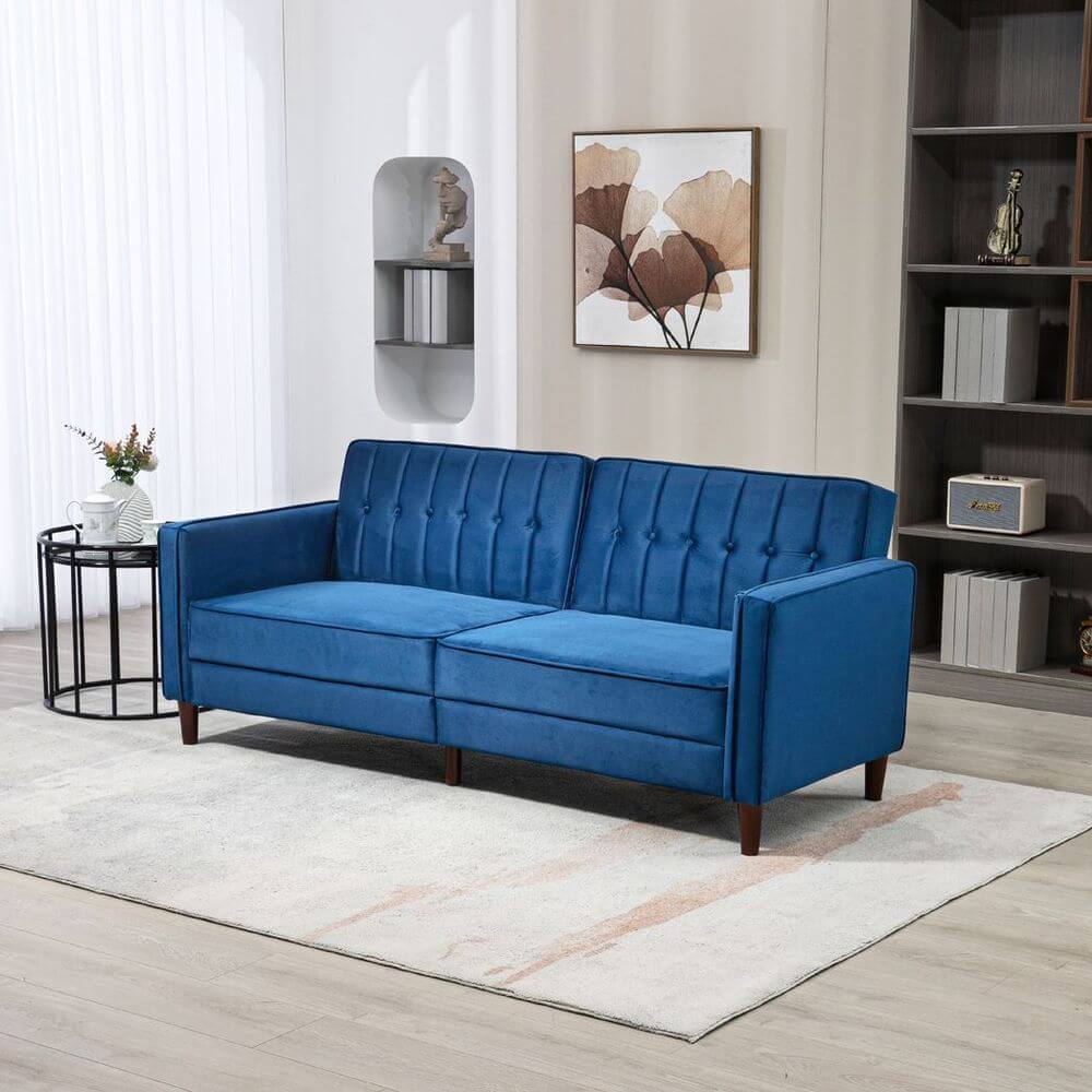 Luxe Blue Velvet Convertible Sofa Bed, Elevate your space with a plush velvet-touch convertible sofa. Enjoy lounging and sleeping with sophisticated style and comfort.