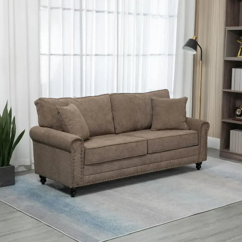 Chic 2-Seater Sofa with Nailhead Trim, Discover stylish comfort with our 2-seater fabric sofa. Perfect for small spaces, featuring nailhead trim and plush cushions. Ideal for apartments.