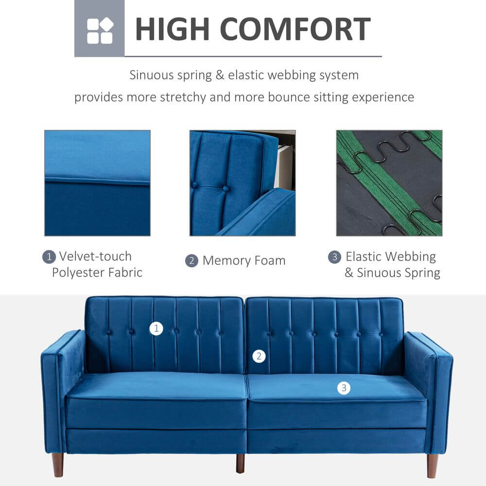 Luxe Blue Velvet Convertible Sofa Bed, Elevate your space with a plush velvet-touch convertible sofa. Enjoy lounging and sleeping with sophisticated style and comfort.