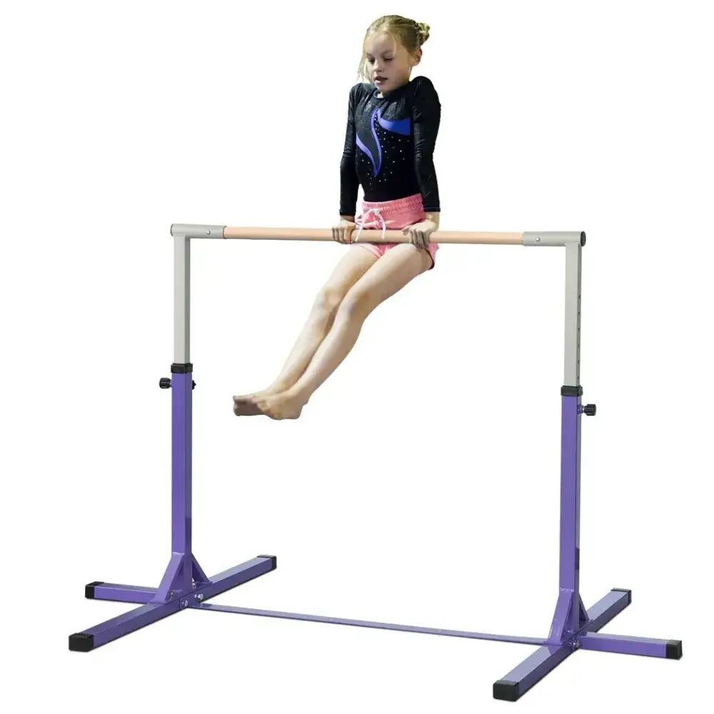 Adjustable Kids Gymnastics Bar for Home Fitness, Enhance your child's gymnastics skills with this adjustable bar, featuring 13 height levels from 95cm to 145cm for safe practice at home.