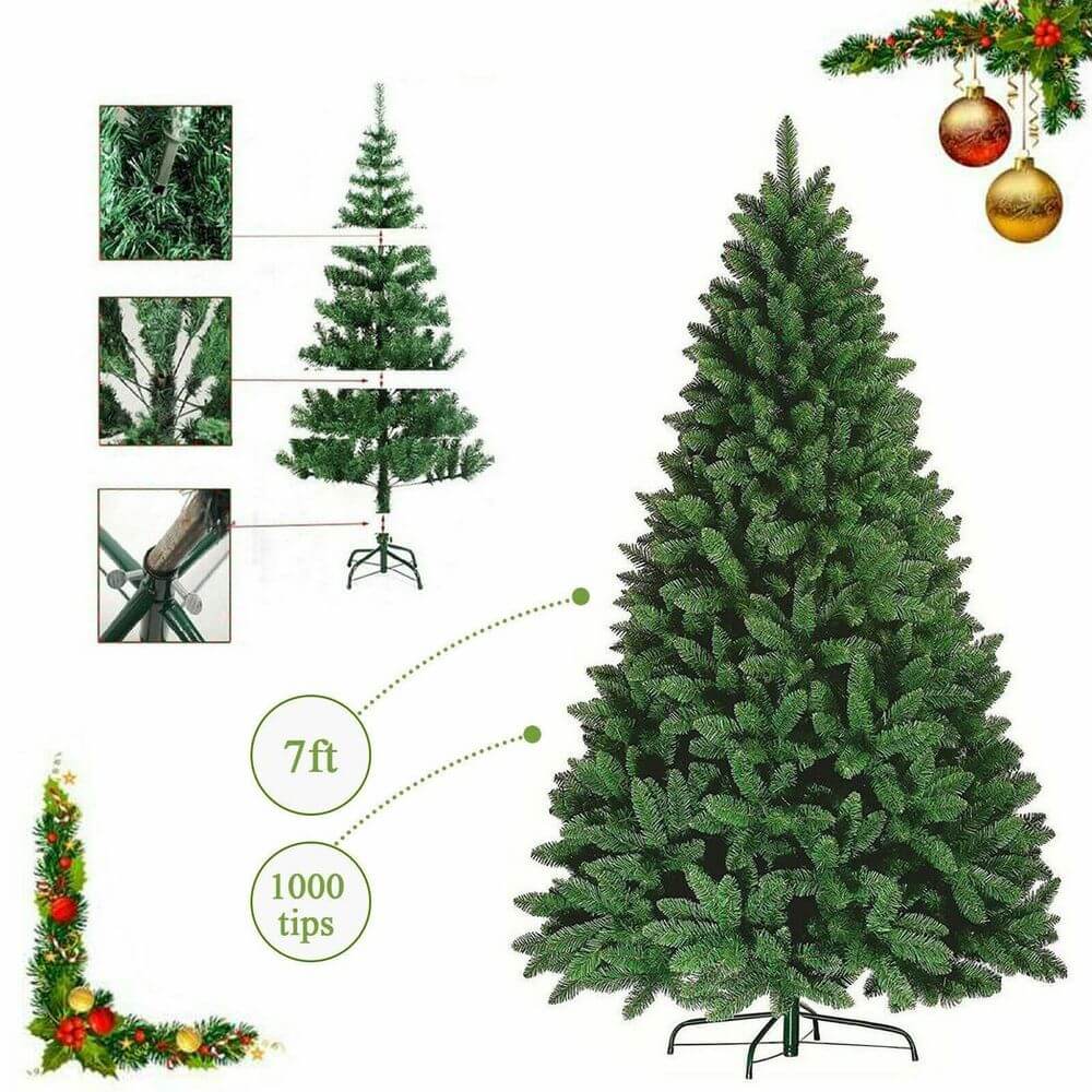 Realistic 7FT Colorado Pine Christmas Tree, Full, realistic 7FT artificial Christmas tree with classic pine-effect tips. Easy assembly with hinged branches and a sturdy metal stand. Perfect for Christmas.