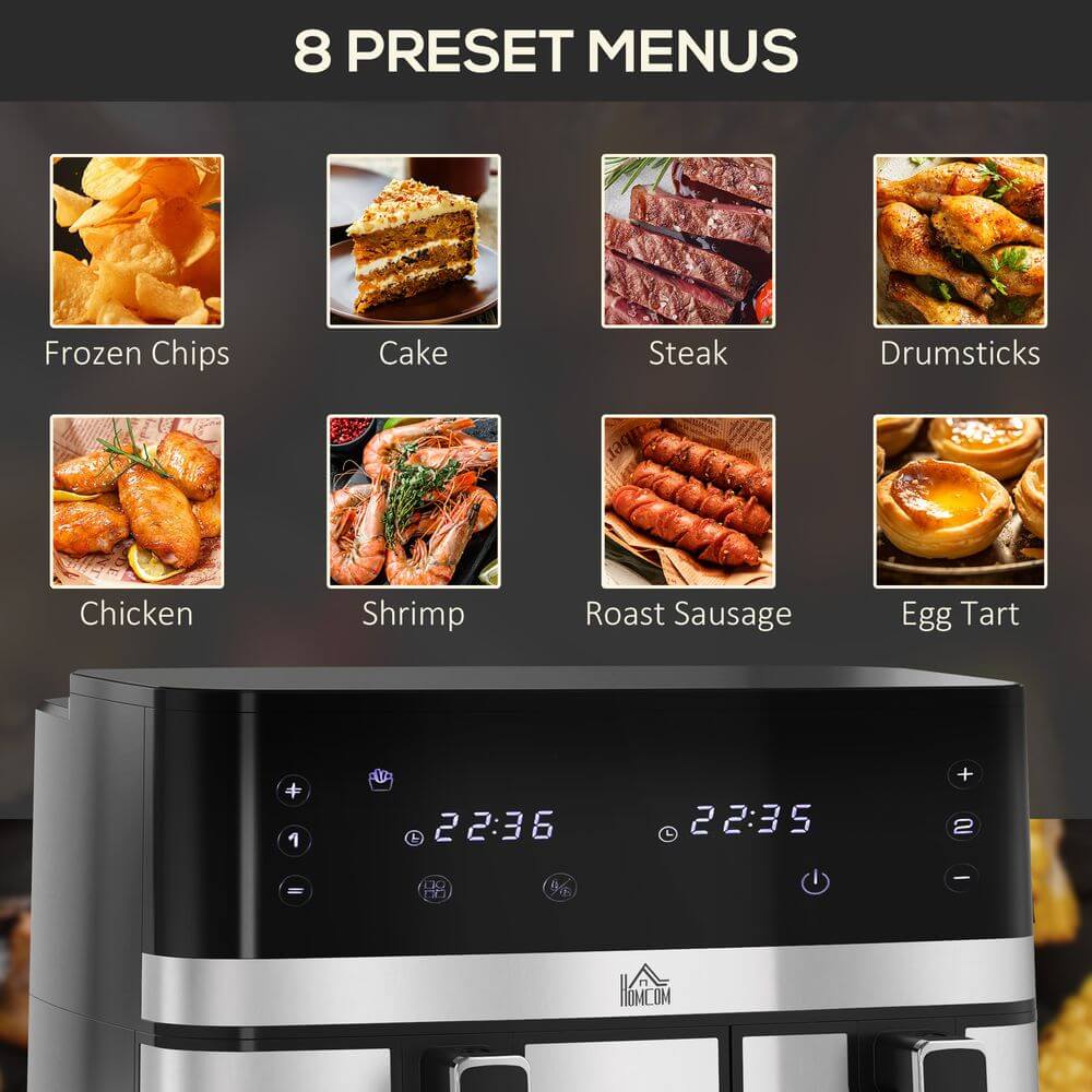 8.5L Double Air Fryer - Cook Two Meals Quickly, Cook two meals simultaneously with the HOMCOM Dual Zone 8.5L Air Fryer. Enjoy quick, delicious results with adjustable temperature control.