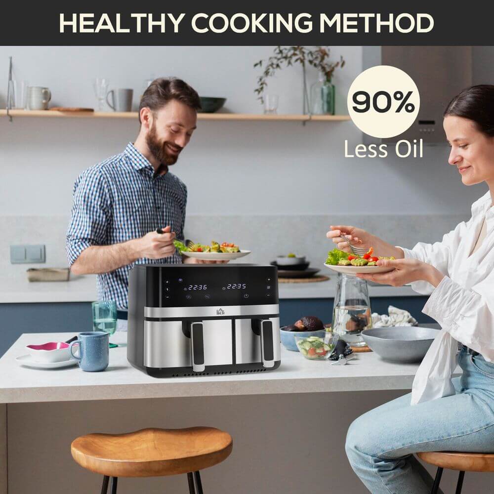 8.5L Double Air Fryer - Cook Two Meals Quickly, Cook two meals simultaneously with the HOMCOM Dual Zone 8.5L Air Fryer. Enjoy quick, delicious results with adjustable temperature control.