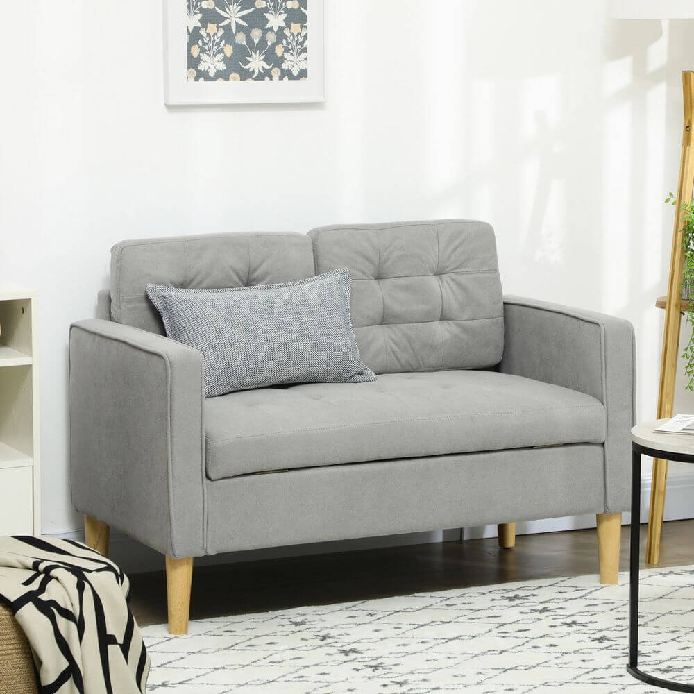 Compact Grey Loveseat with Storage, Stylish grey loveseat with storage, ideal for small spaces. Enhance your living room décor while maximizing organization with this modern 2-seater.