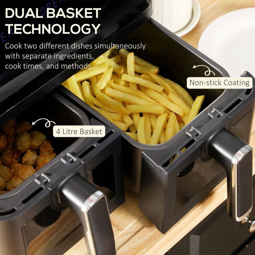 Ultimate 8L Dual Air Fryer - Fast Cooking, Cook for the family with our 8L Dual Air Fryer. Features 2 baskets, 8 pre-sets, and a timer for fast, versatile cooking. Safe and efficient!