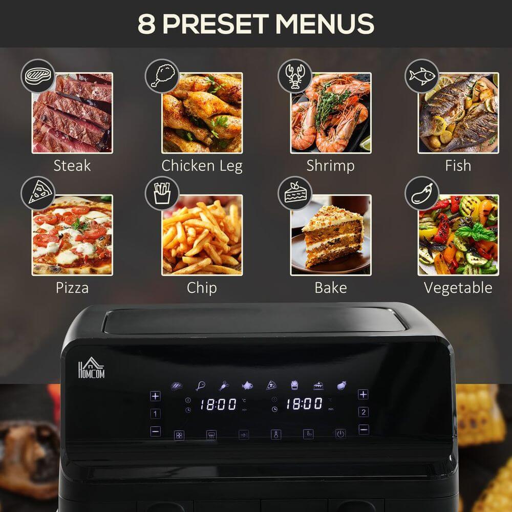 Ultimate 8L Dual Air Fryer - Fast Cooking, Cook for the family with our 8L Dual Air Fryer. Features 2 baskets, 8 pre-sets, and a timer for fast, versatile cooking. Safe and efficient!