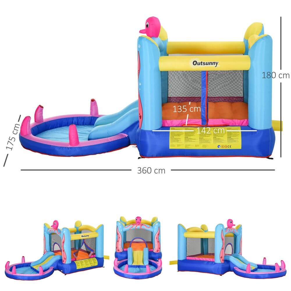 Inflatable Bouncy Castle Water Slide - 3-in-1 Fun, Inflate in 2 minutes with the included blower. Features a bouncy castle slide, water pool, & trampoline with secure ground stakes. Perfect for quick family fun!