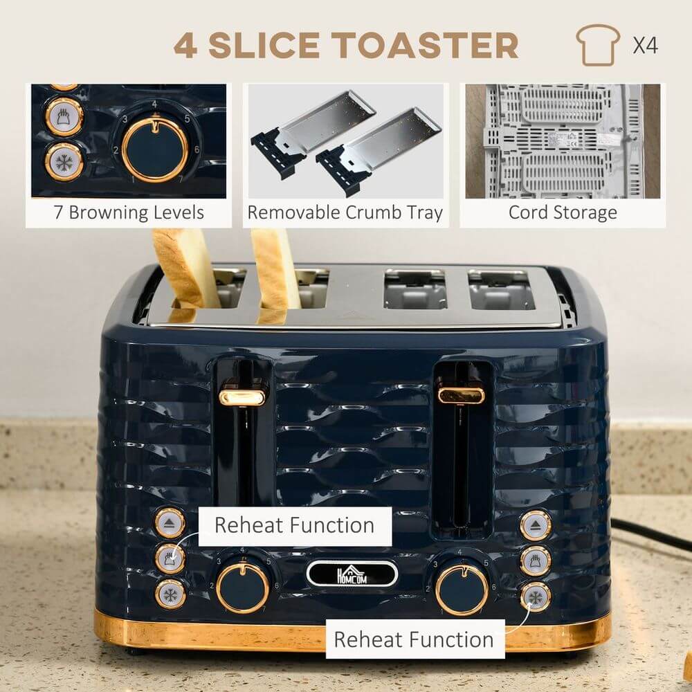 Stylish Kettle & Toaster Set: Rapid Boil & 4-Slice, Elevate your kitchen with our blue 1.7L rapid boil kettle and 4-slice toaster set, perfect for tea and crisp toast.