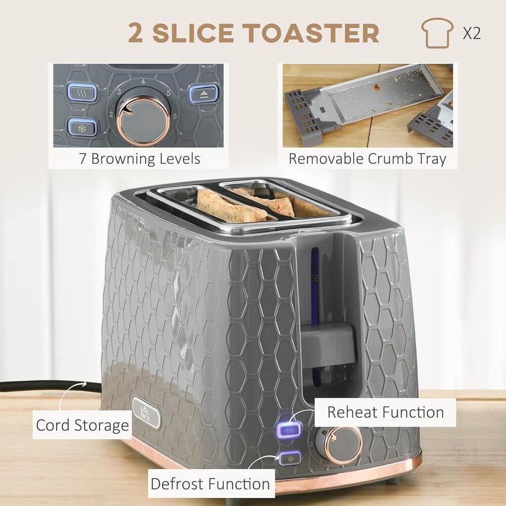 Stylish Kettle & Toaster Set - Fast Boil & Toast, Upgrade your kitchen with a chic kettle and toaster set featuring rapid boil and adjustable toast settings in a stylish honeycomb design.