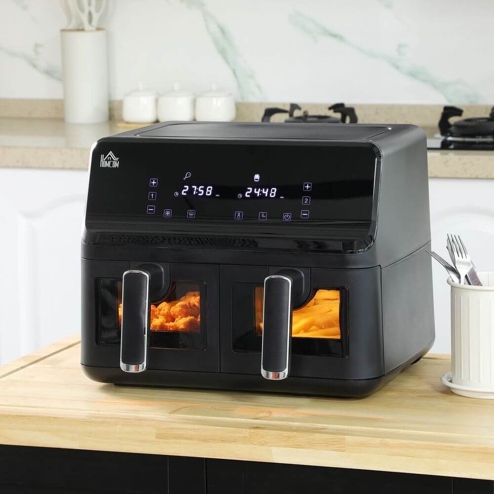 Ultimate 8L Dual Air Fryer - Fast Cooking, Cook for the family with our 8L Dual Air Fryer. Features 2 baskets, 8 pre-sets, and a timer for fast, versatile cooking. Safe and efficient!