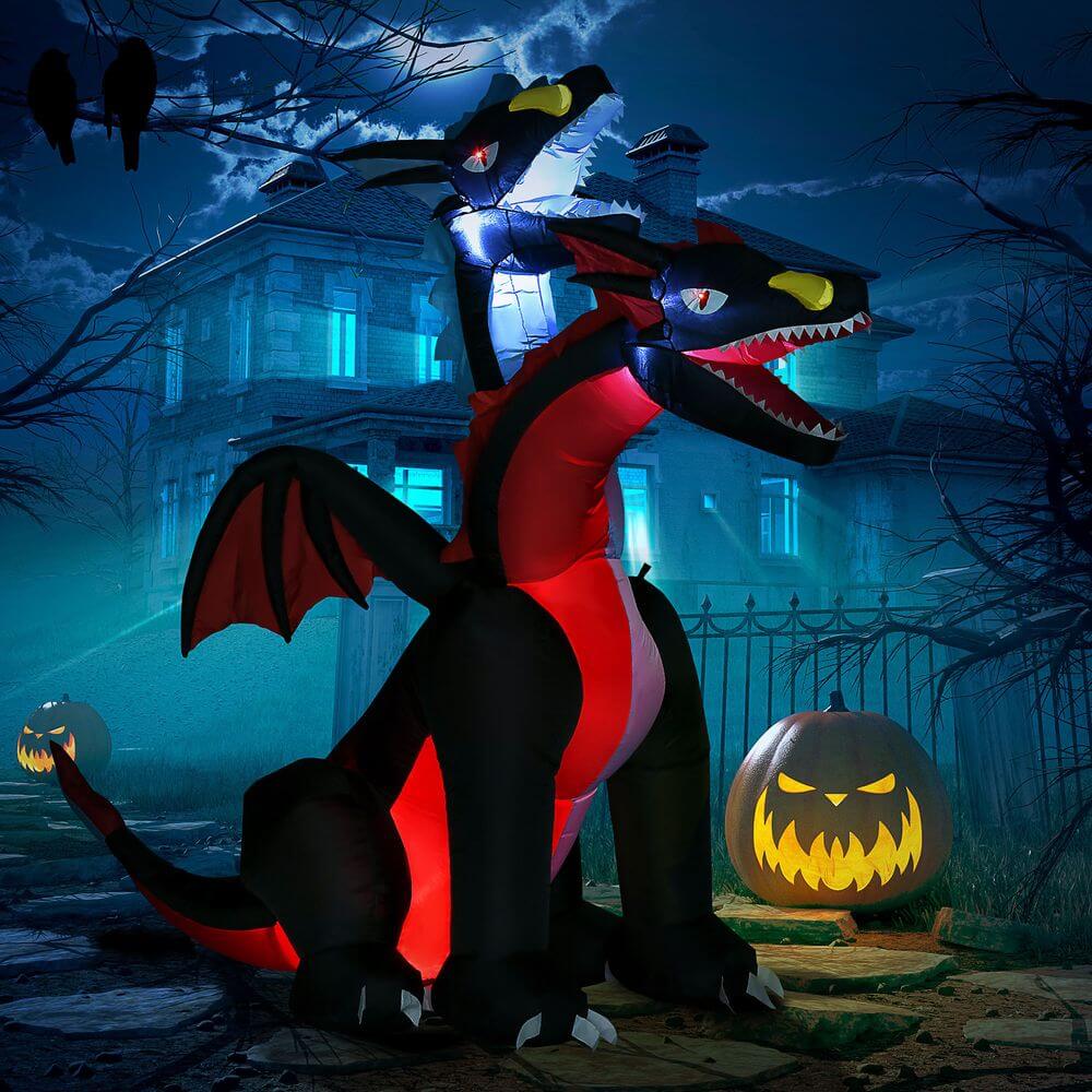 7FT Inflatable Two-Headed Dragon for Halloween, Illuminate your Halloween with a 7FT two-headed dragon inflatable. Perfect for indoor/outdoor use with durable, weather-resistant fabric and LED lights.