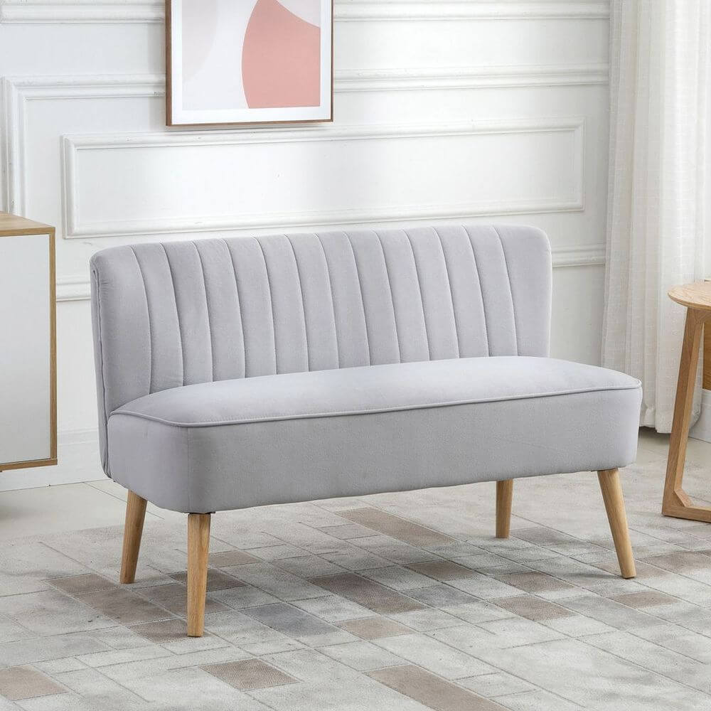 Grey Velvet Loveseat - Modern Comfort & Style, Discover the chic grey velvet loveseat, a compact sofa with padded comfort and sturdy wood legs. Perfect for stylish, modern spaces.