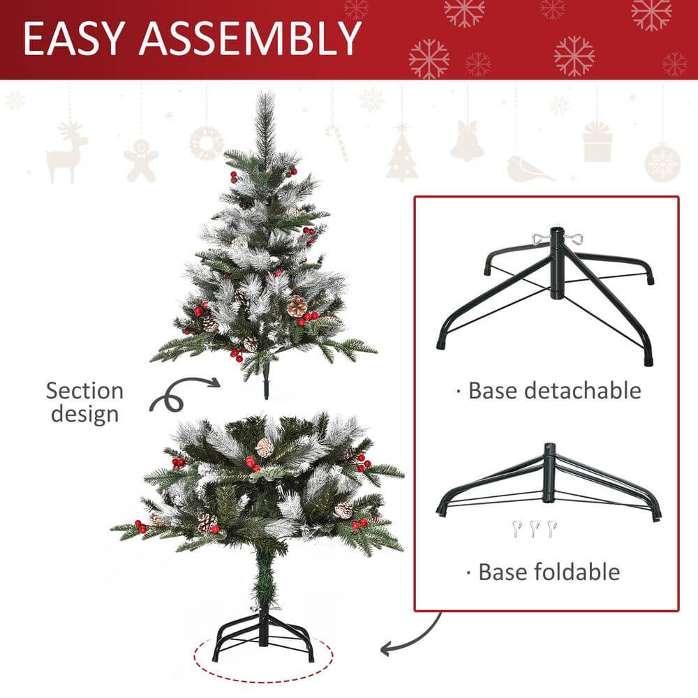 Snow-Dusted 4FT Christmas Tree - Festive Elegance, Enhance your festive decor with this 4FT artificial Christmas tree featuring snow flecks, red berries, and rustic pinecones for a holiday charm.